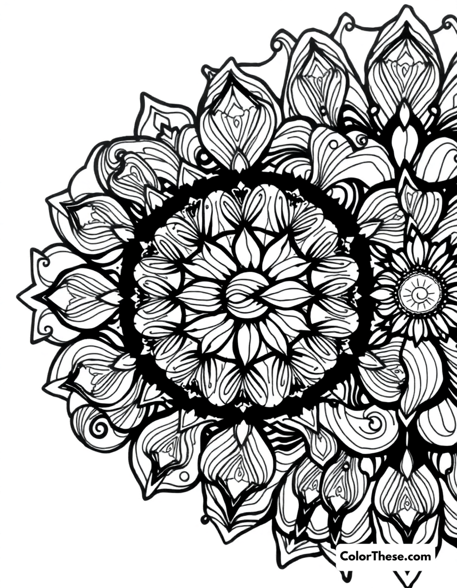 Free printable wave mandala with flowing patterns coloring page for kids and adults - A a mandala featuring flowing wave-like patterns.