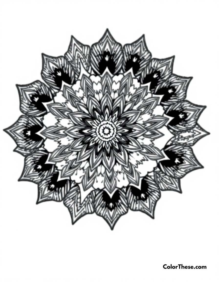 Free printable wolf mandala with fur patterns coloring page for kids and adults - A a mandala featuring wolf-inspired fur patterns.