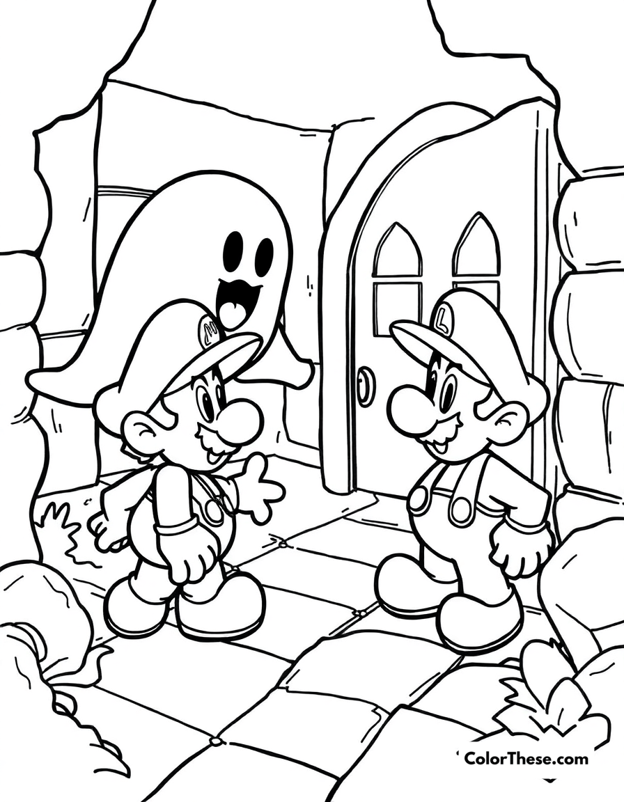 Free printable mario and luigi with a boo coloring page for kids and adults - A mario and luigi (mario) encountering a boo in a haunted house.