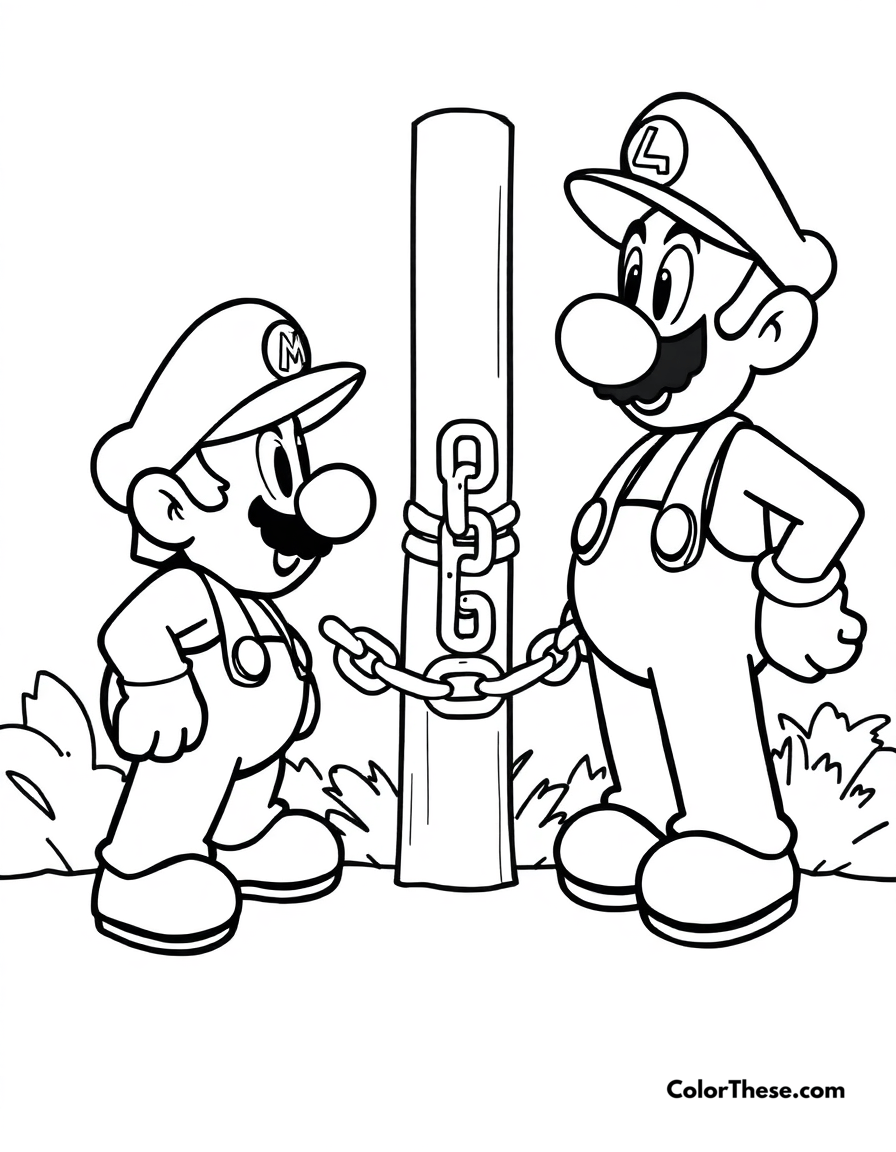 Free printable mario and luigi with a chain chomp coloring page for kids and adults - A mario and luigi (mario) facing a chain chomp tied to a post.