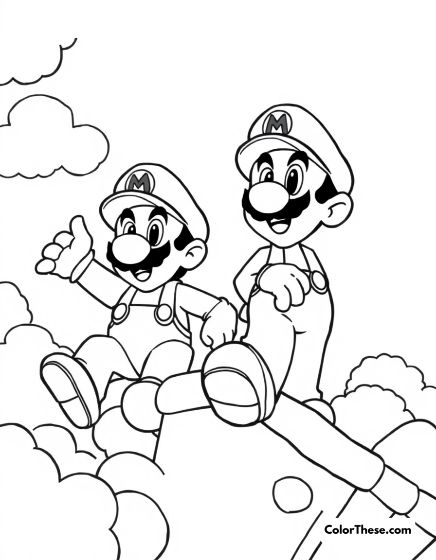 Free printable mario and luigi in a cloud world coloring page for kids and adults - A mario and luigi (mario) exploring a world of clouds and platforms.