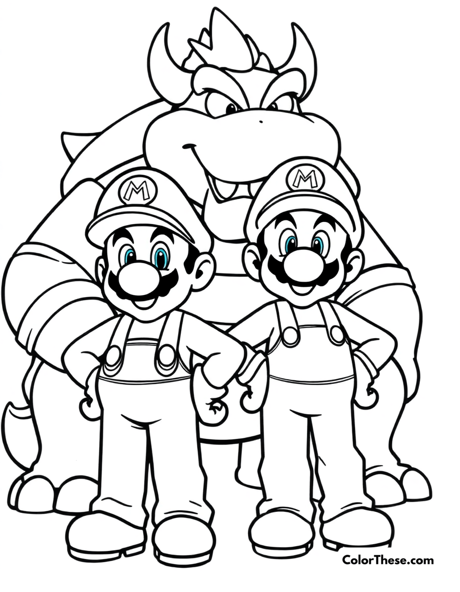 Free printable mario and luigi facing bowser coloring page for kids and adults - A mario and luigi (mario) standing bravely in front of bowser.