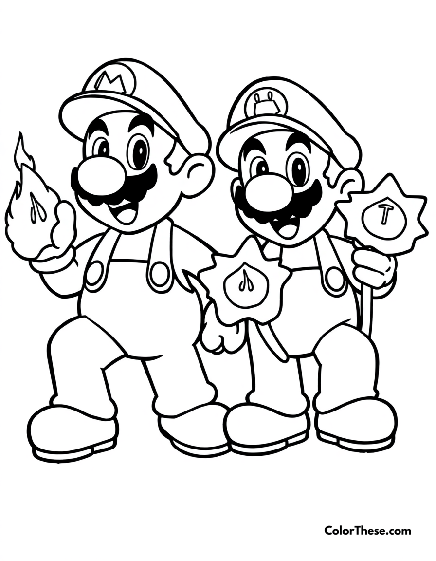 Free printable mario and luigi with fire flowers coloring page for kids and adults - A mario and luigi (mario) holding fire flowers, ready for action.