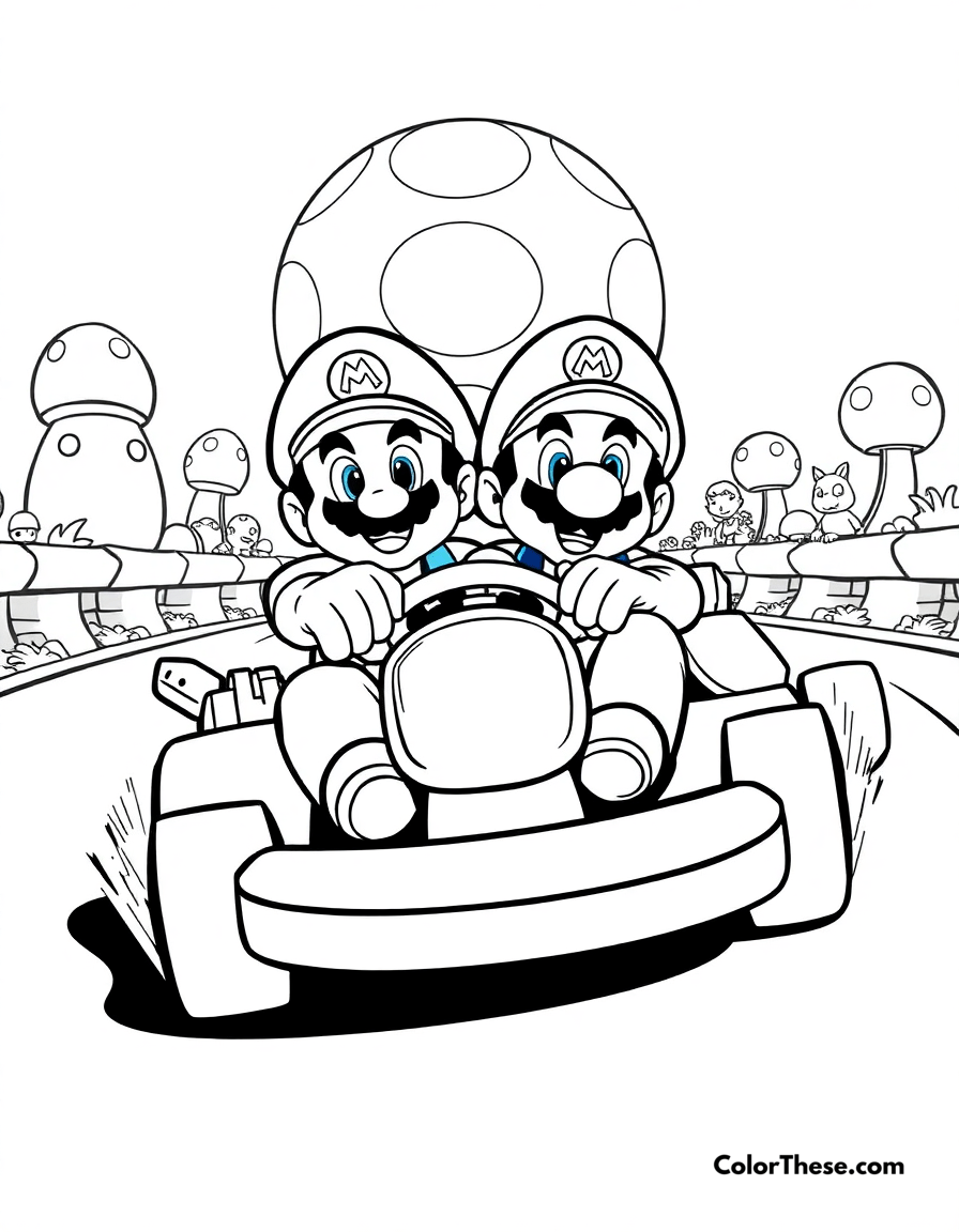 Free printable mario and luigi in a kart race coloring page for kids and adults - A mario and luigi (mario) racing in karts on a mushroom kingdom track.