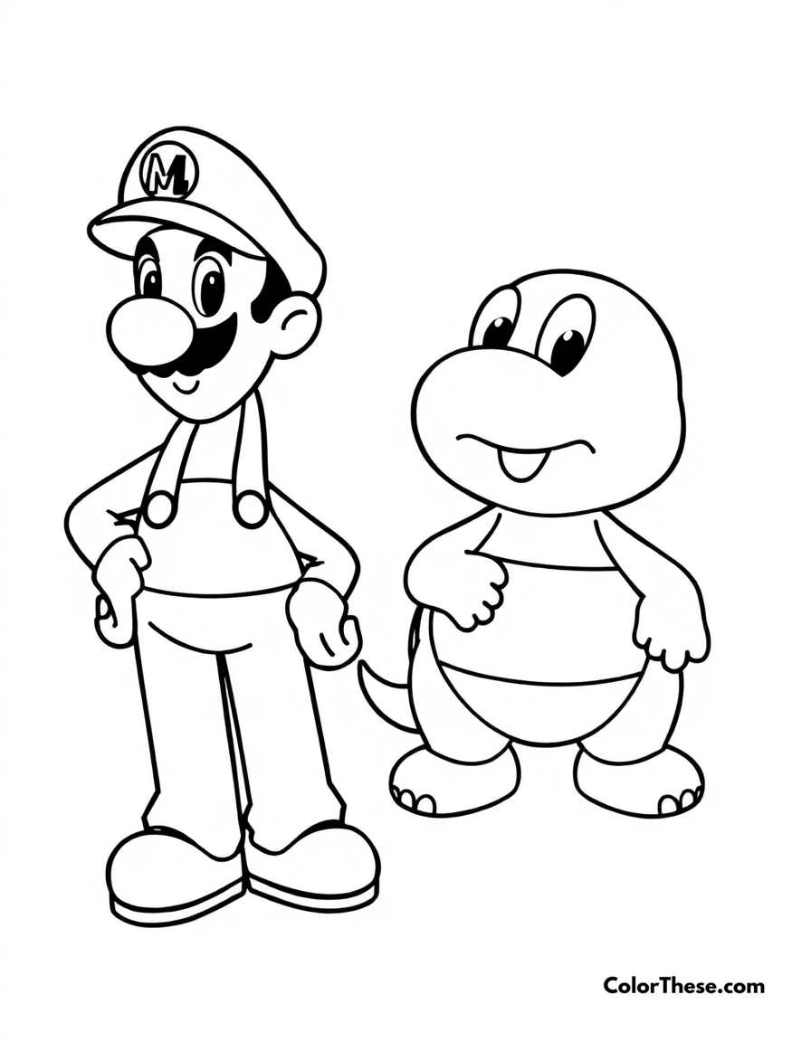 Free printable mario and luigi with a koopa troopa coloring page for kids and adults - A mario and luigi (mario) standing near a koopa troopa.