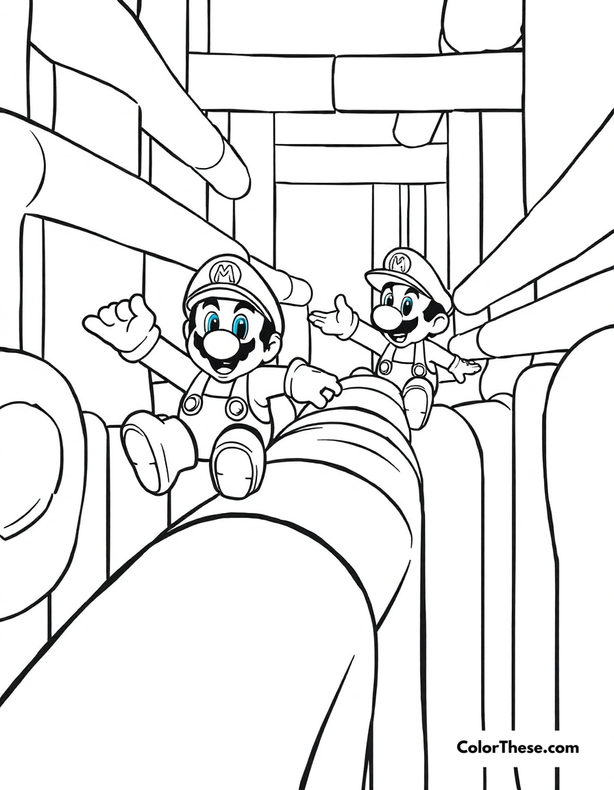 Free printable mario and luigi in a pipe maze coloring page for kids and adults - A mario and luigi (mario) navigating a maze of pipes.