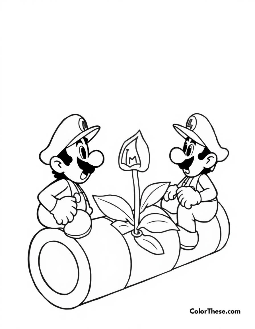 Free printable mario and luigi with a piranha plant coloring page for kids and adults - A mario and luigi (mario) facing a piranha plant in a pipe.