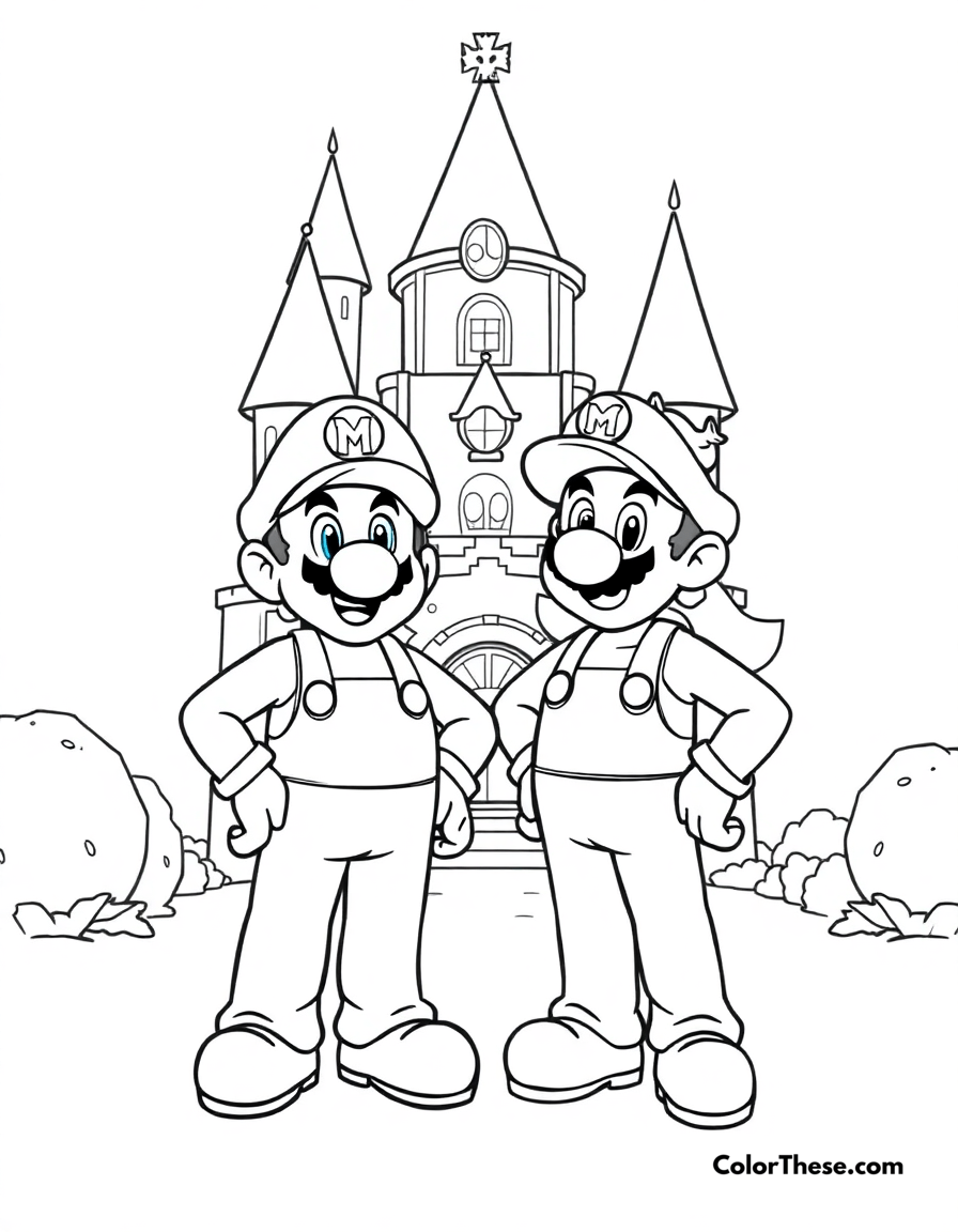 Free printable mario and luigi with princess peach coloring page for kids and adults - A mario and luigi (mario) standing with princess peach in her castle.