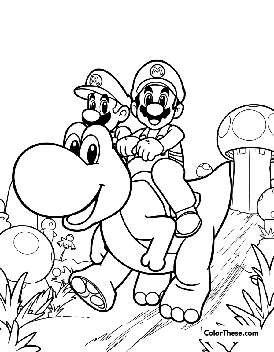 Free printable mario and luigi riding yoshi coloring page for kids and adults - A mario and luigi (mario) riding yoshi through the mushroom kingdom.