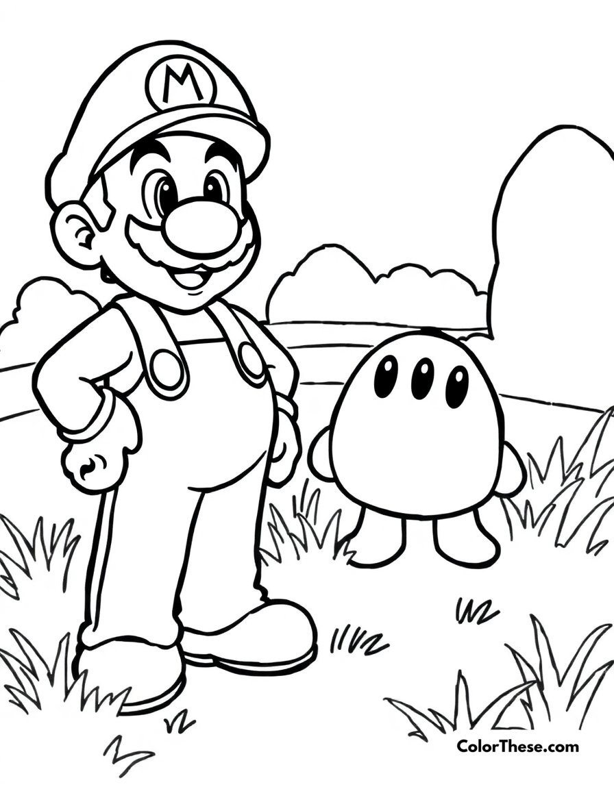 Free printable mario and luigi with a shy guy coloring page for kids and adults - A mario and luigi (mario) standing near a shy guy in a grassy field.