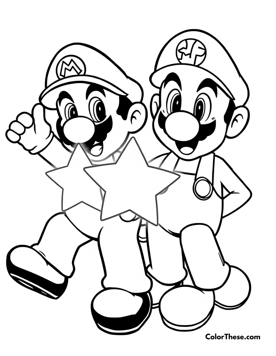 Free printable mario and luigi with super stars coloring page for kids and adults - A mario and luigi (mario) holding super stars, glowing with power.