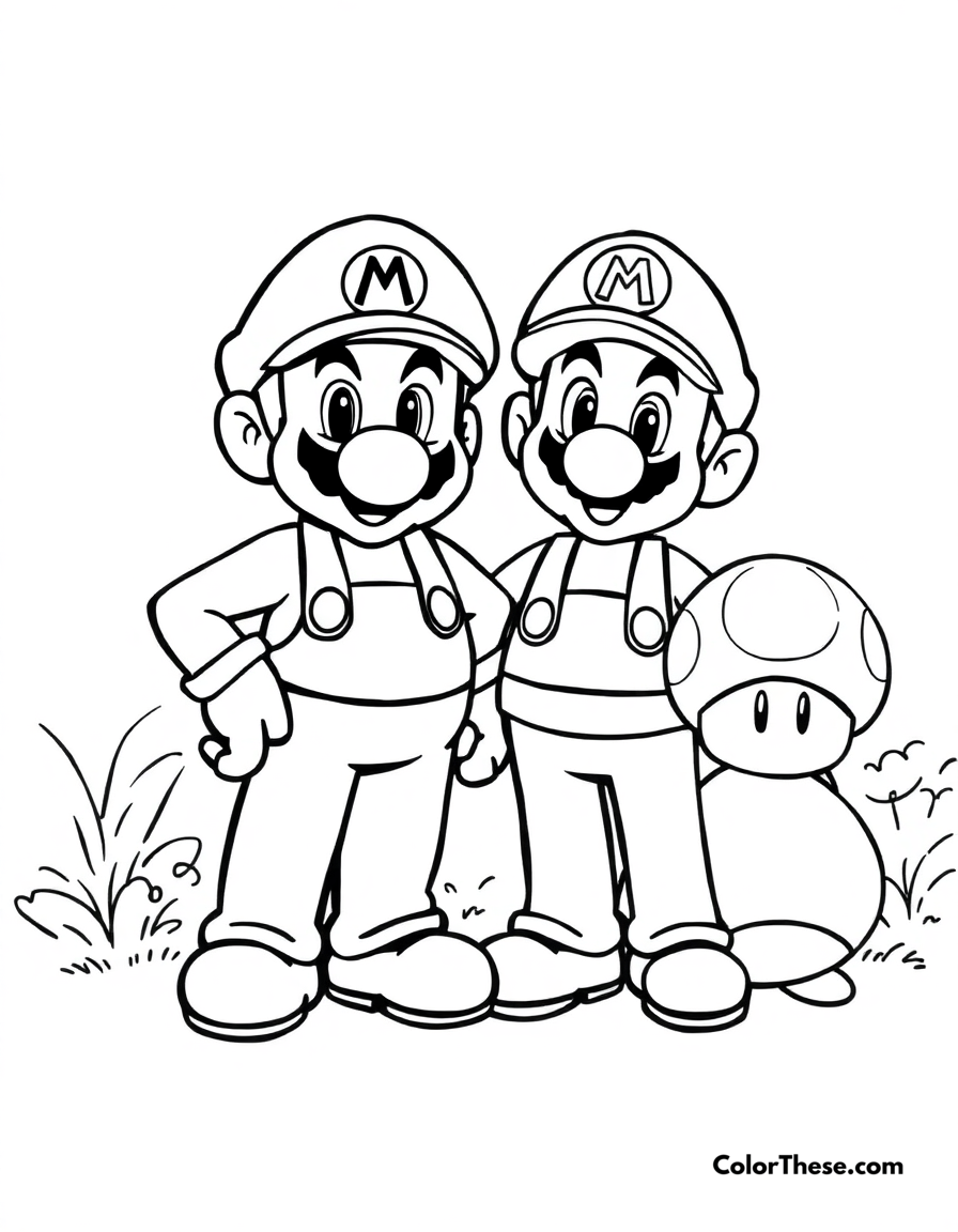 Free printable mario and luigi with toad coloring page for kids and adults - A mario and luigi (mario) standing with toad in the mushroom kingdom.