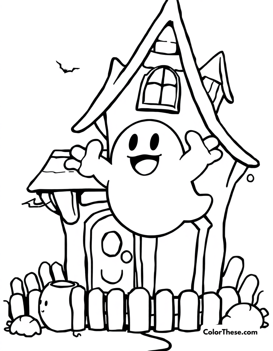 Free printable boo floating in a haunted house coloring page for kids and adults - A boo (mario) floating in a spooky haunted house.