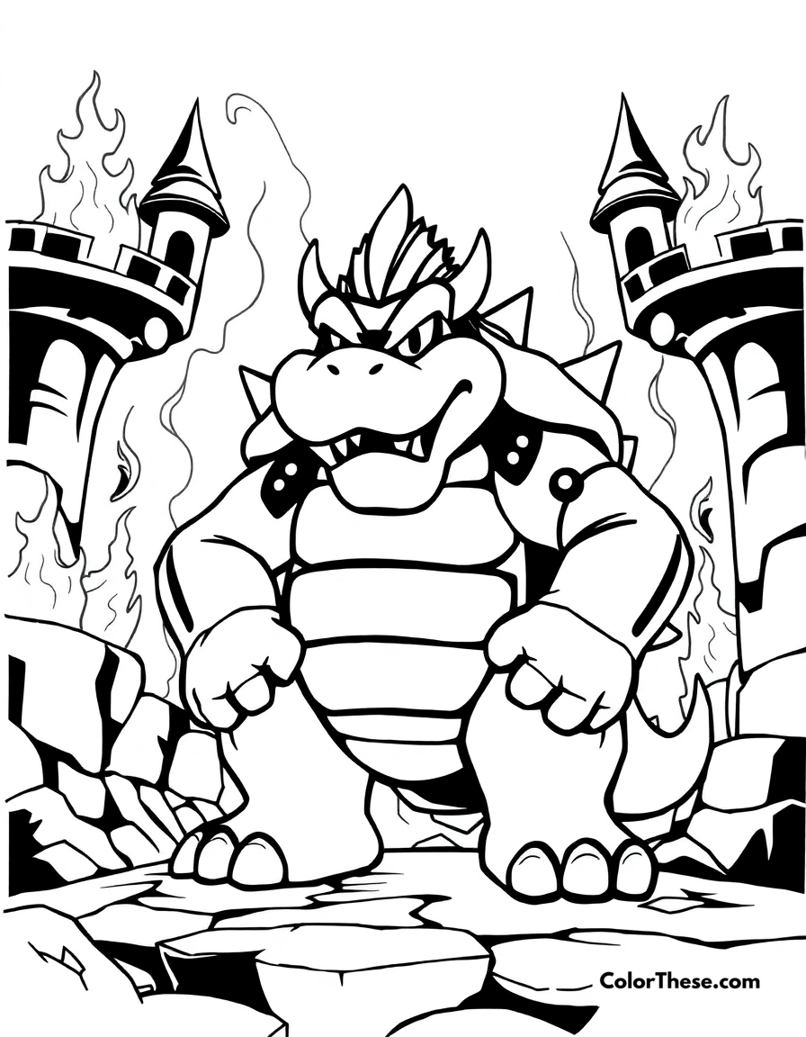 Free printable bowser in his castle coloring page for kids and adults - A bowser (mario) standing menacingly in his fiery castle.