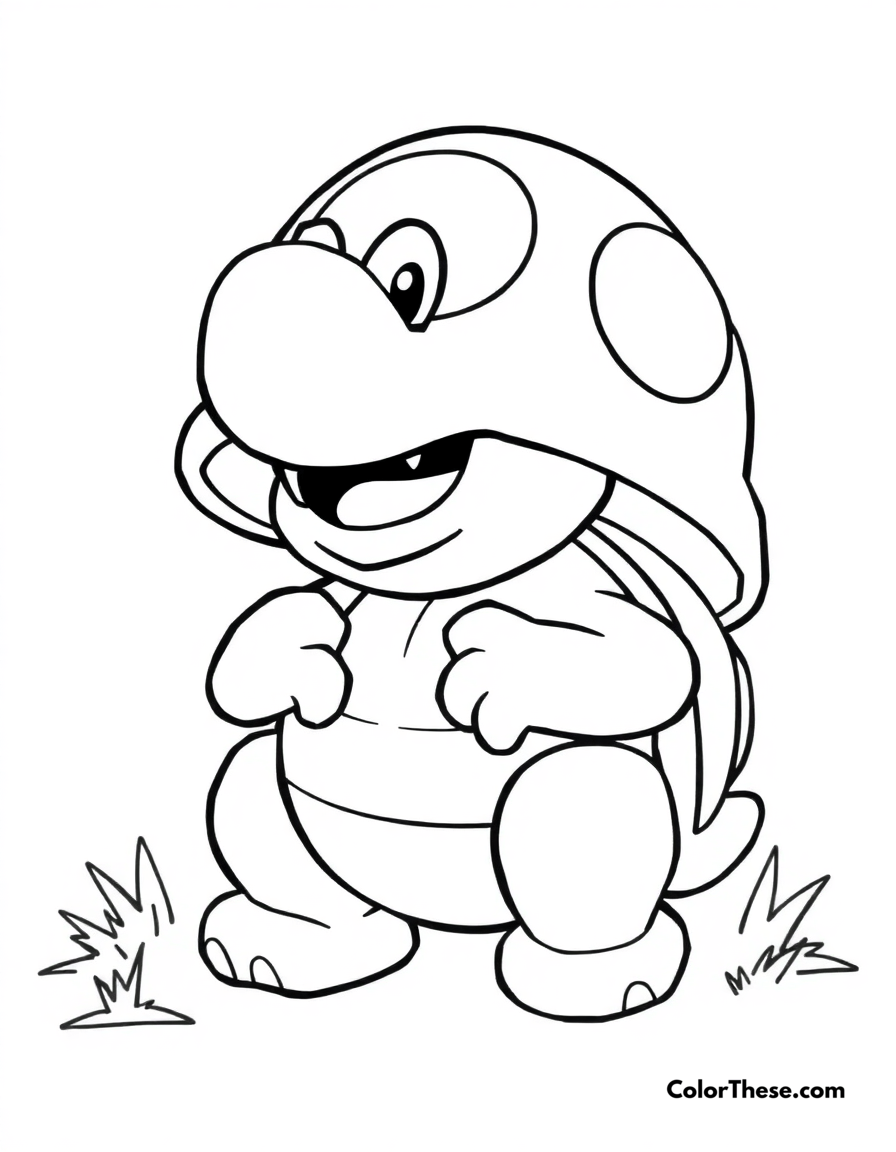 Free printable koopa troopa in a shell coloring page for kids and adults - A koopa troopa (mario) hiding inside its shell.