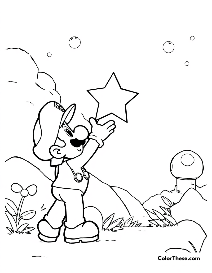 Free printable luigi catching a star coloring page for kids and adults - A luigi (mario) reaching for a glowing star in the mushroom kingdom.