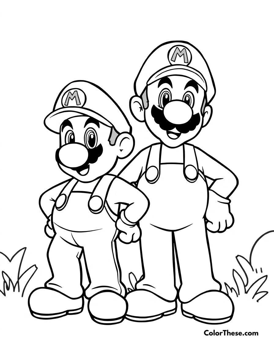 Free printable mario and luigi together coloring page for kids and adults - A mario and luigi (mario) standing side by side in the mushroom kingdom.