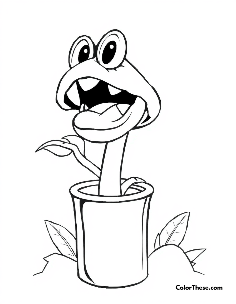 Free printable piranha plant in a pipe coloring page for kids and adults - A piranha plant (mario) popping out of a pipe.