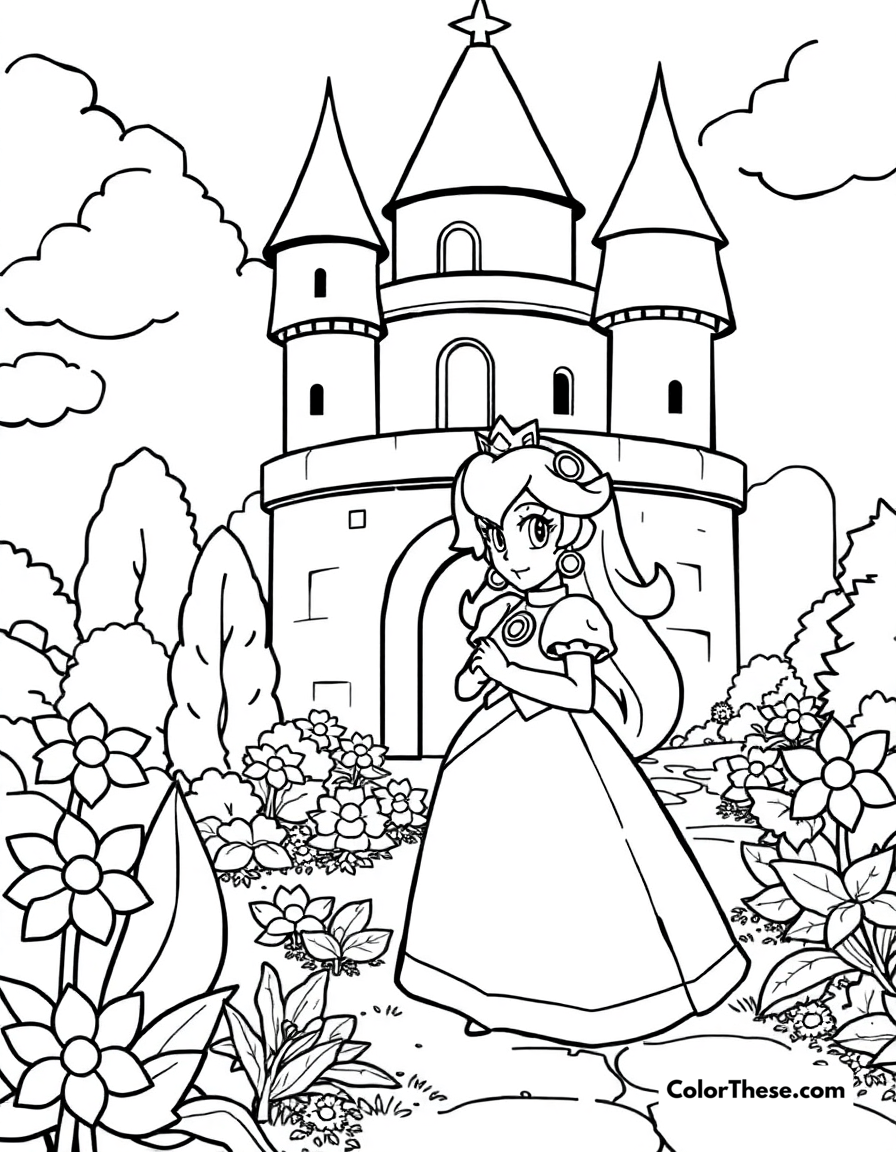 Free printable princess peach in her castle coloring page for kids and adults - A princess peach (mario) standing in her castle garden.