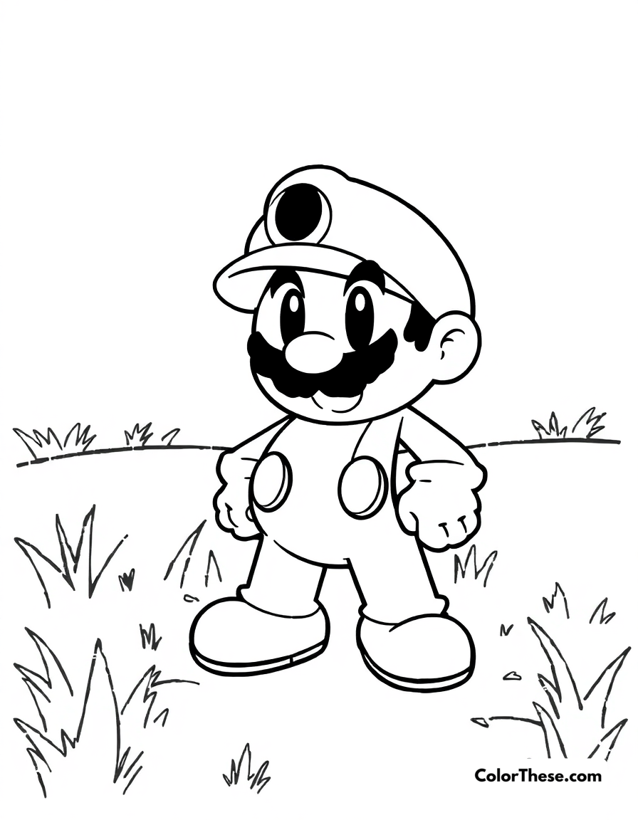 Free printable shy guy in a field coloring page for kids and adults - A shy guy (mario) standing in a grassy field.