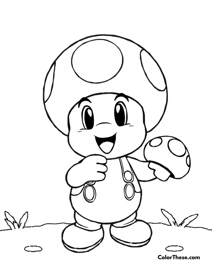 Free printable toad with a super mushroom coloring page for kids and adults - A toad (mario) holding a super mushroom in the mushroom kingdom.