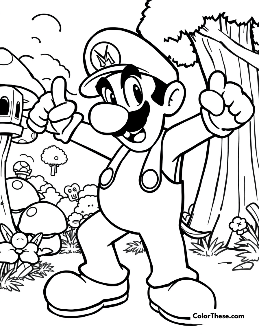 Free printable waluigi striking a pose coloring page for kids and adults - A waluigi (mario) striking a dramatic pose in the mushroom kingdom.