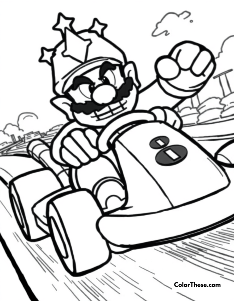 Free printable wario driving a kart coloring page for kids and adults - A wario (mario) speeding in a kart on a race track.