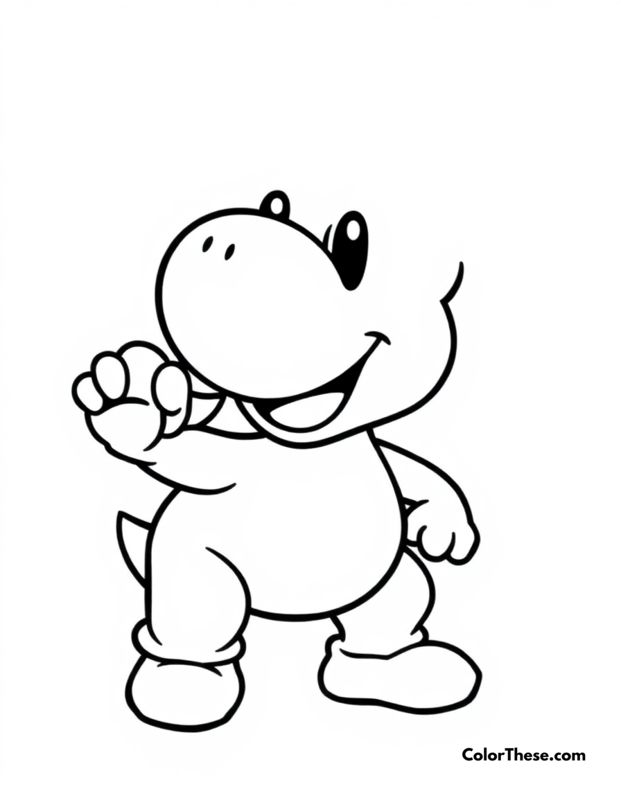 Free printable yoshi eating a fruit coloring page for kids and adults - A yoshi (mario) happily munching on a piece of fruit.