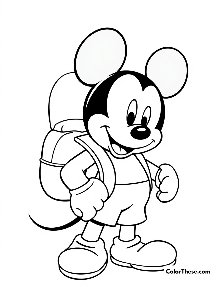 Free printable mickey mouse with a backpack coloring page for kids and adults - A mickey mouse (disney) wearing a backpack, ready for an adventure.