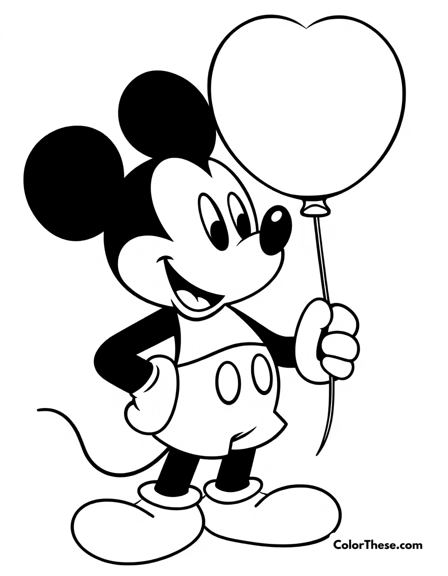 Free printable mickey mouse holding a balloon coloring page for kids and adults - A mickey mouse (disney) holding a colorful balloon.