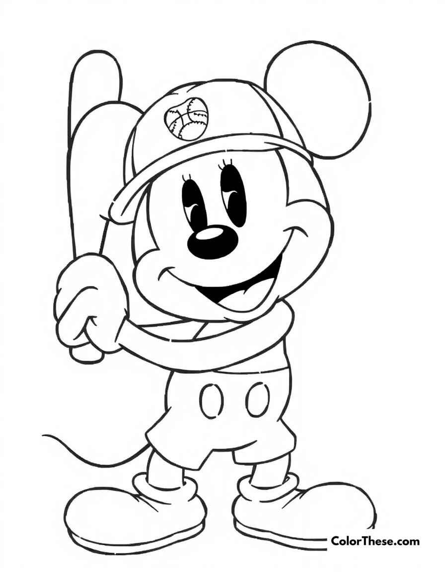 Free printable mickey mouse playing baseball coloring page for kids and adults - A mickey mouse (disney) playing baseball with a big smile.