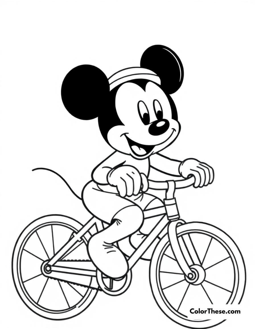 Free printable mickey mouse riding a bicycle coloring page for kids and adults - A mickey mouse (disney) riding a bicycle with a big smile.