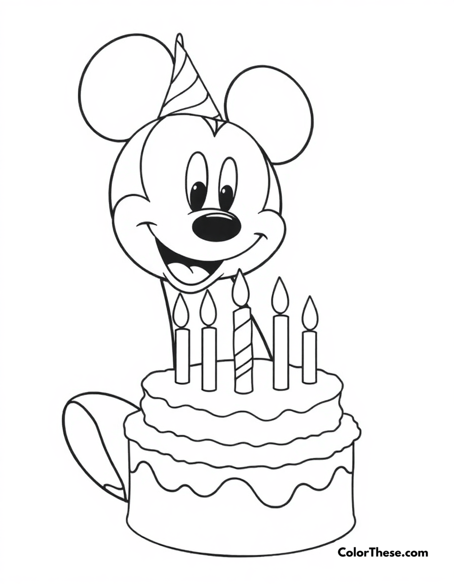 Free printable mickey mouse with a birthday cake coloring page for kids and adults - A mickey mouse (disney) celebrating with a birthday cake.