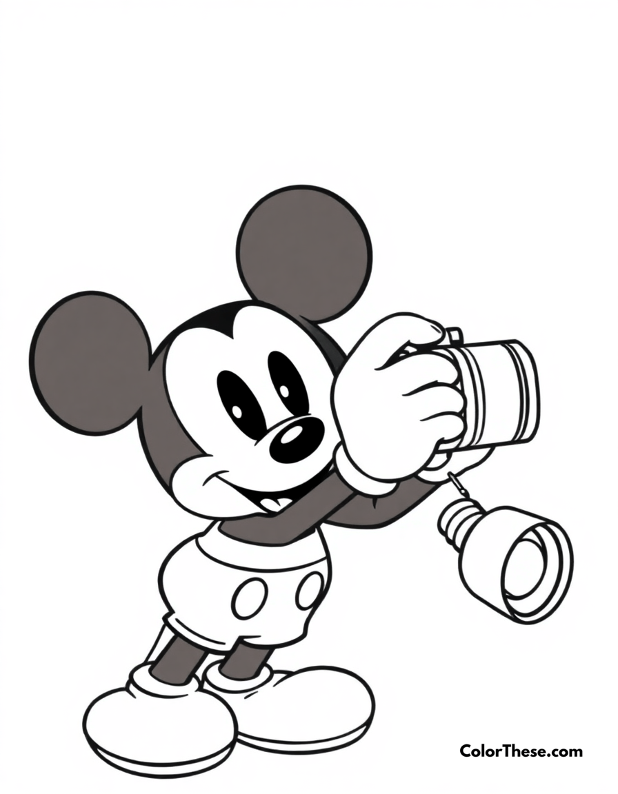 Free printable mickey mouse with a camera coloring page for kids and adults - A mickey mouse (disney) taking a photo with a camera.