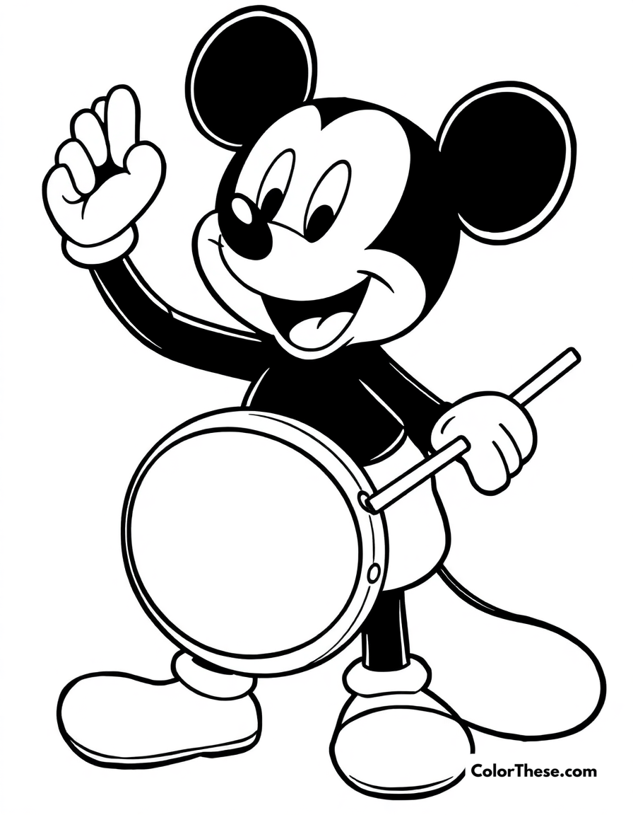 Free printable mickey mouse playing a drum coloring page for kids and adults - A mickey mouse (disney) playing a drum with enthusiasm.