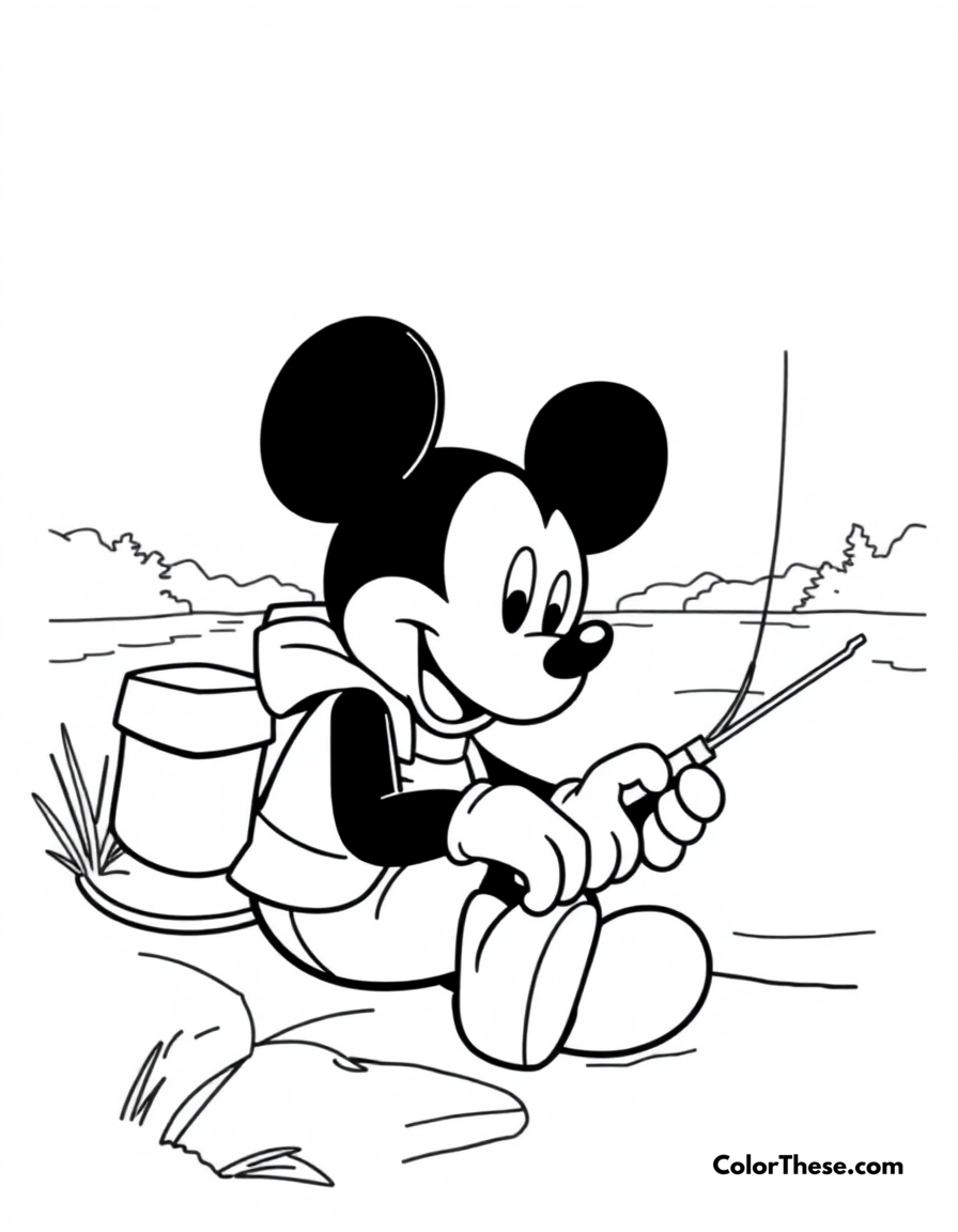 Free printable mickey mouse fishing coloring page for kids and adults - A mickey mouse (disney) sitting by a lake, fishing.