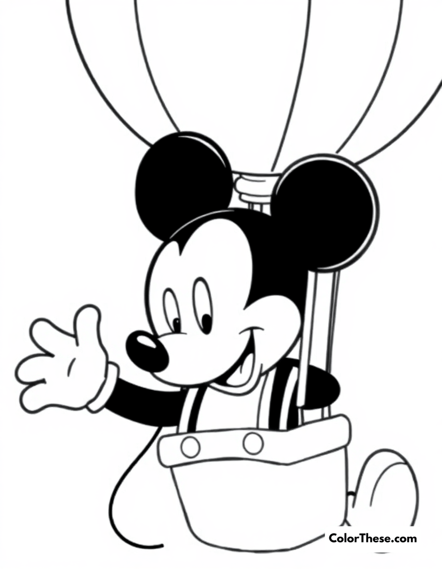 Free printable mickey mouse in a hot air balloon coloring page for kids and adults - A mickey mouse (disney) floating in a hot air balloon.