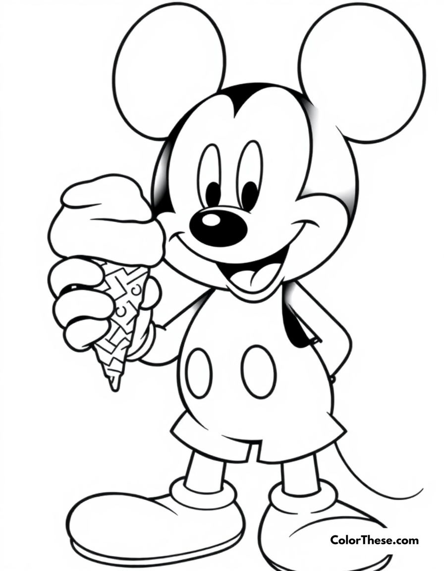 Free printable mickey mouse eating ice cream coloring page for kids and adults - A mickey mouse (disney) enjoying a delicious ice cream cone.