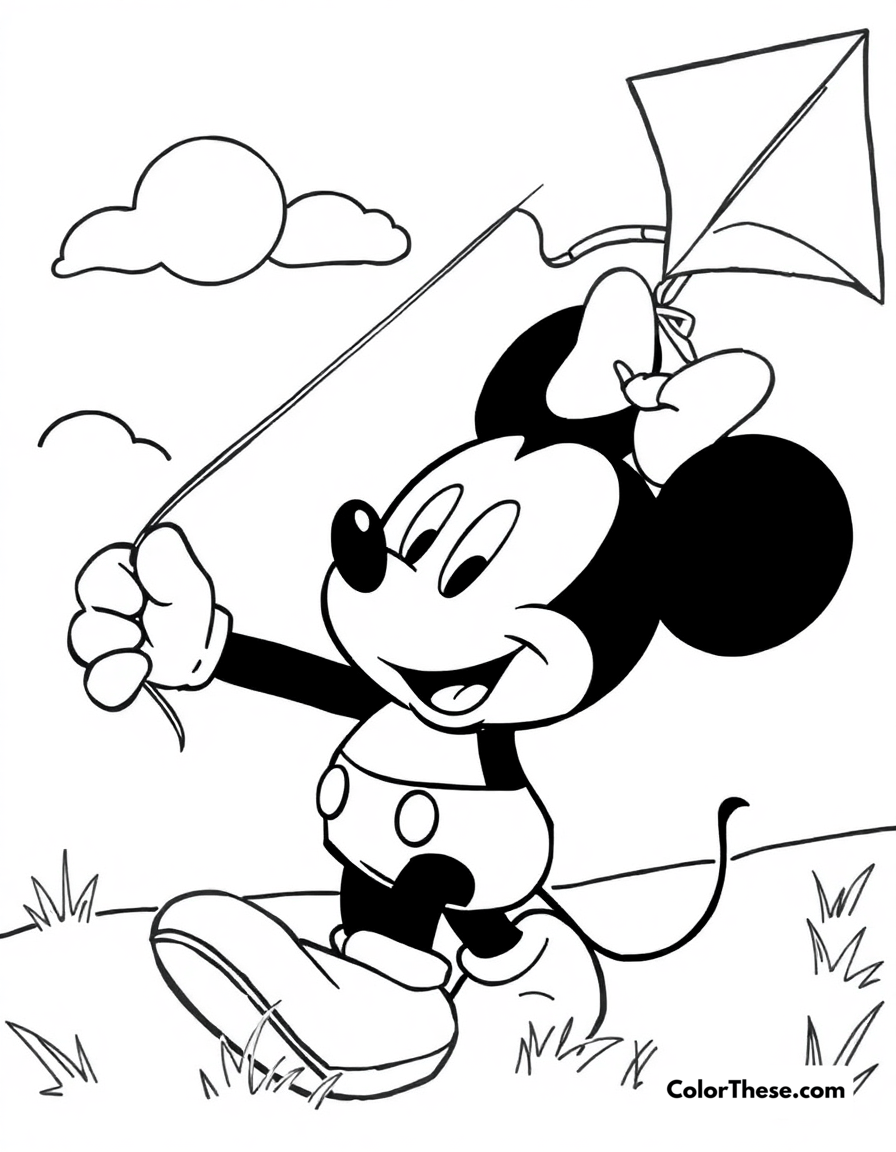 Free printable mickey mouse with a kite coloring page for kids and adults - A mickey mouse (disney) flying a kite on a sunny day.