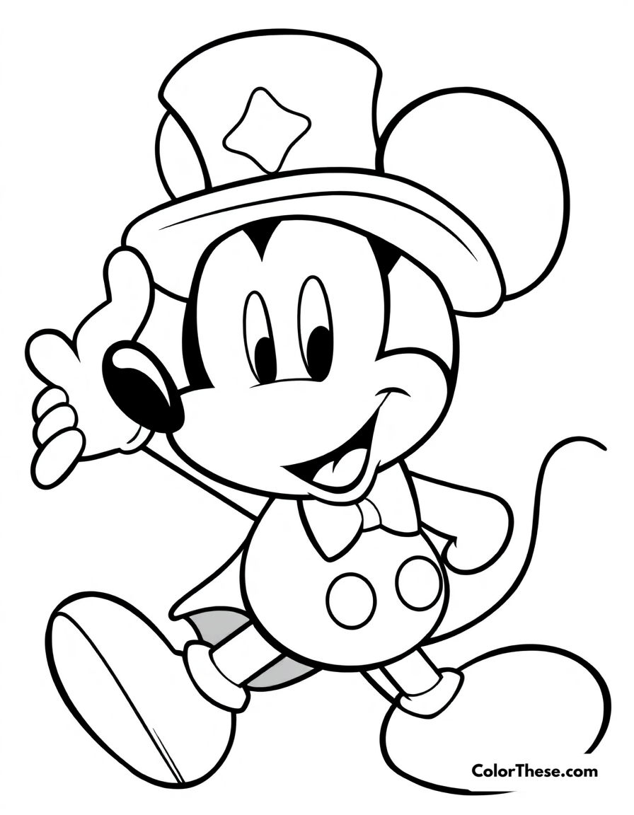 Free printable mickey mouse with a magic hat coloring page for kids and adults - A mickey mouse (disney) wearing a magic hat, ready to perform tricks.