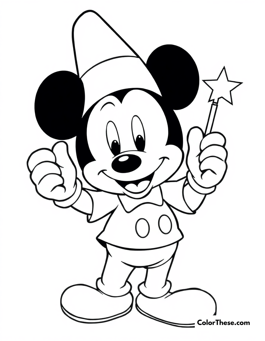 Free printable mickey mouse with a magic wand coloring page for kids and adults - A mickey mouse (disney) holding a magic wand, ready to cast a spell.