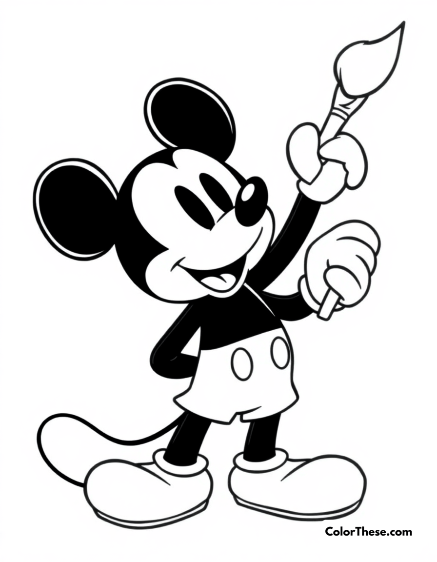 Free printable mickey mouse with a paintbrush coloring page for kids and adults - A mickey mouse (disney) holding a paintbrush, ready to create art.