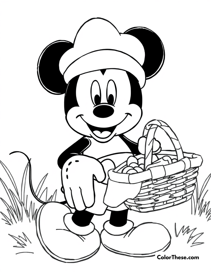 Free printable mickey mouse with a picnic basket coloring page for kids and adults - A mickey mouse (disney) holding a picnic basket, ready for a meal outdoors.