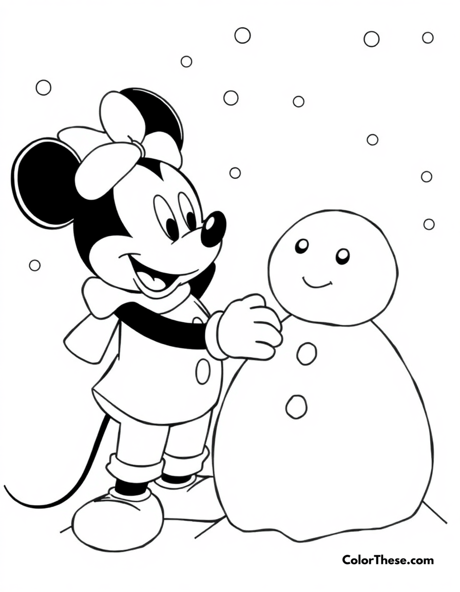 Free printable mickey mouse with a snowman coloring page for kids and adults - A mickey mouse (disney) building a snowman on a snowy day.