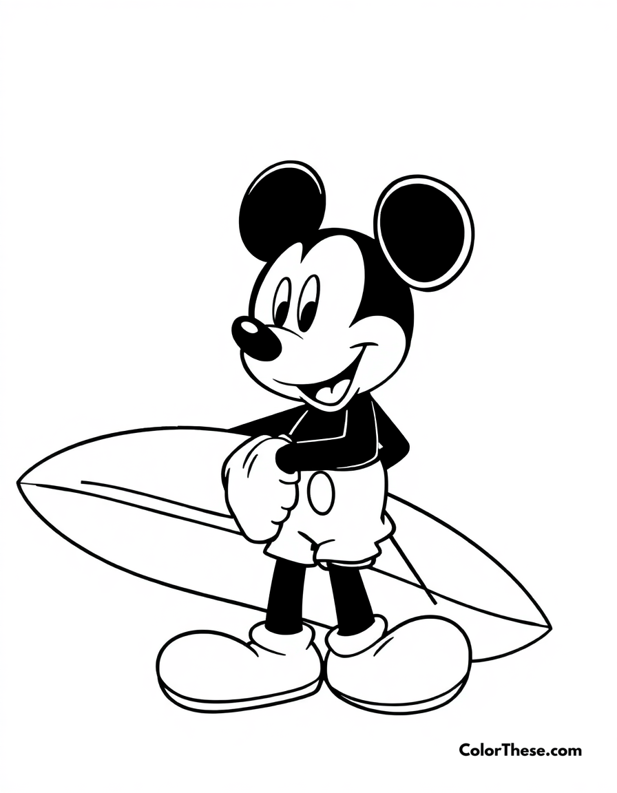 Free printable mickey mouse with a surfboard coloring page for kids and adults - A mickey mouse (disney) holding a surfboard, ready to hit the waves.