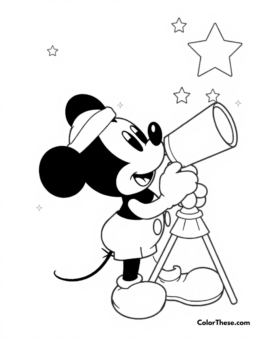 Free printable mickey mouse with a telescope coloring page for kids and adults - A mickey mouse (disney) looking through a telescope at the stars.