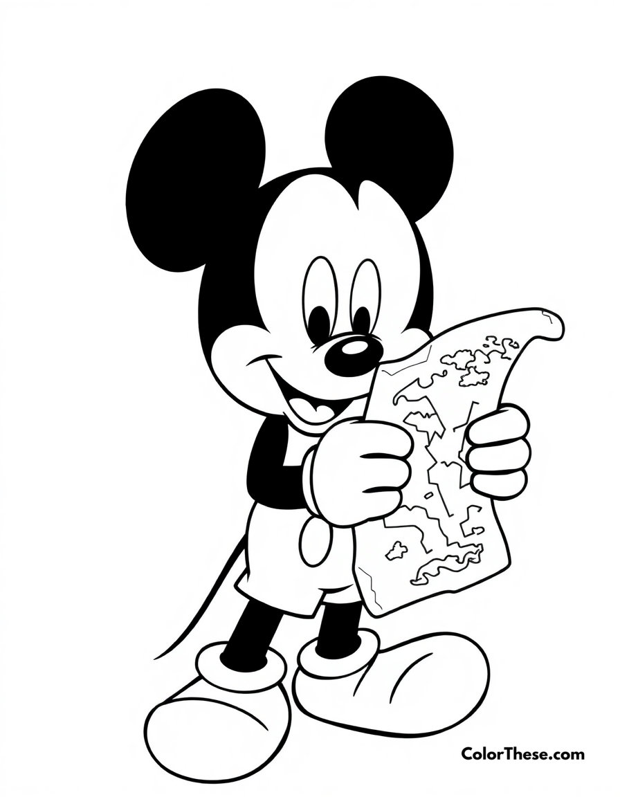 Free printable mickey mouse with a treasure map coloring page for kids and adults - A mickey mouse (disney) holding a treasure map, ready for an adventure.