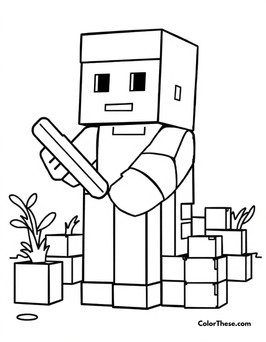 Free printable building a house coloring page for kids and adults - A a minecraft (game) character building a house with blocks.