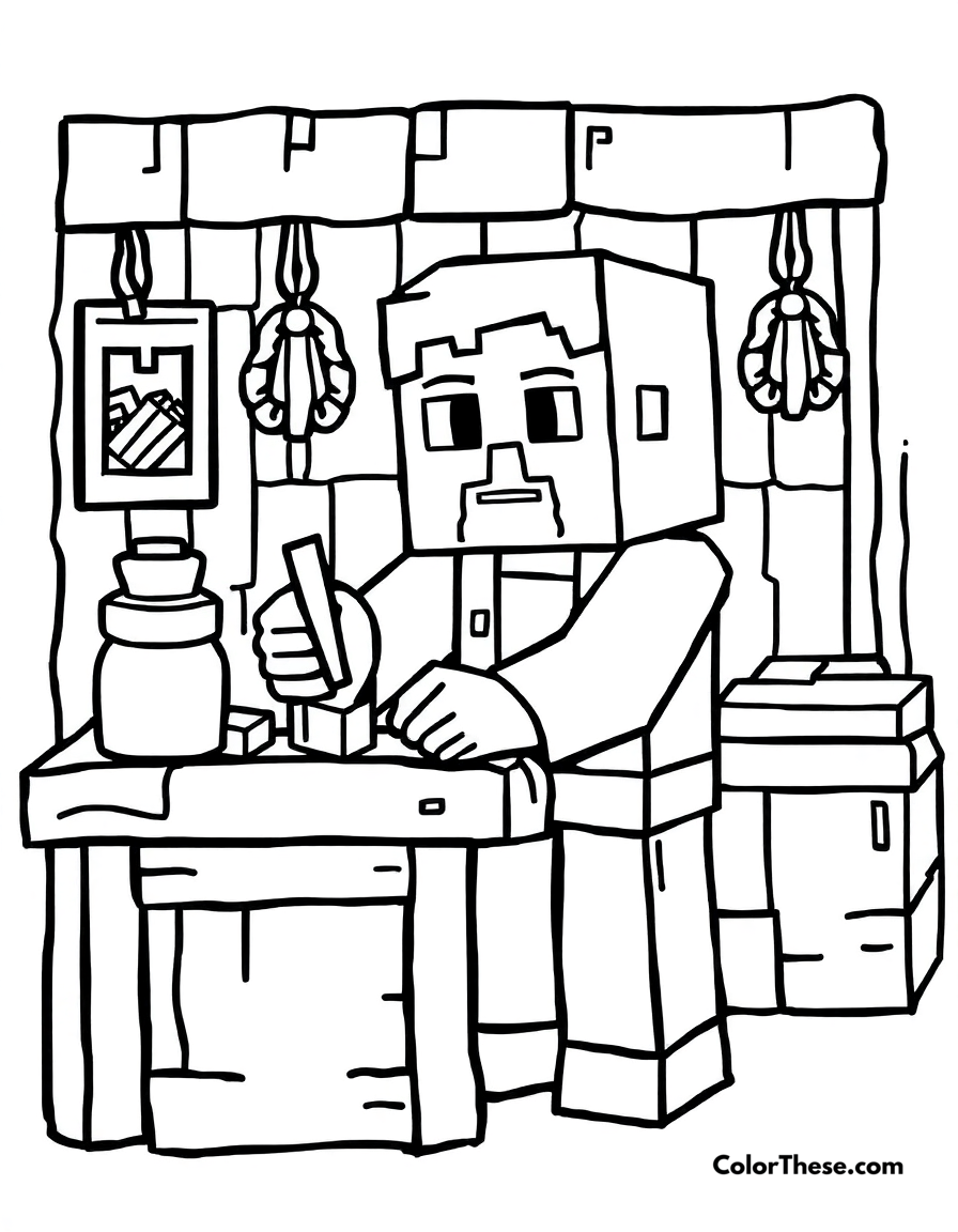 Free printable crafting table in action coloring page for kids and adults - A a minecraft (game) character using a crafting table to create items.