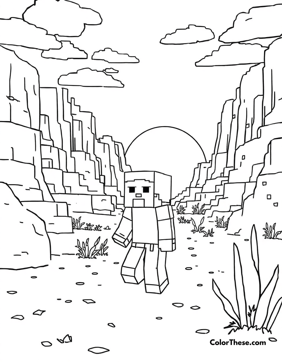 Free printable exploring a desert biome coloring page for kids and adults - A a minecraft (game) character exploring a vast desert biome.